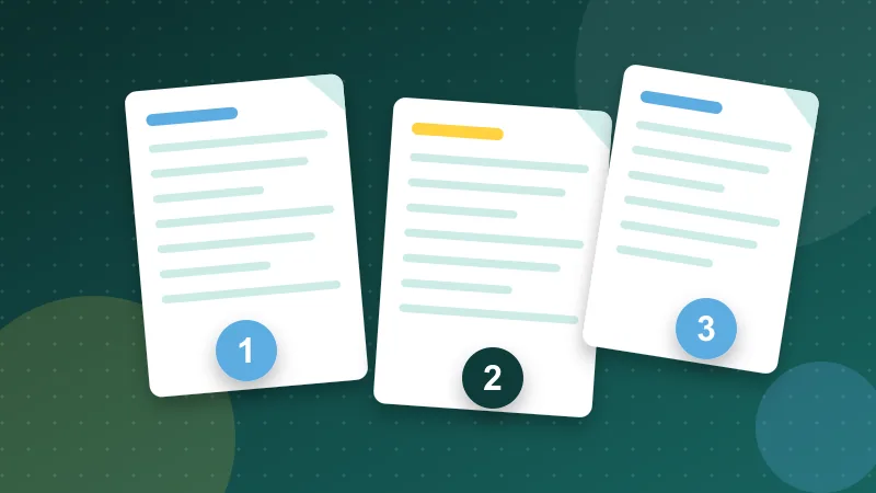Three PDF pages with numbered badges 1, 2 and 3